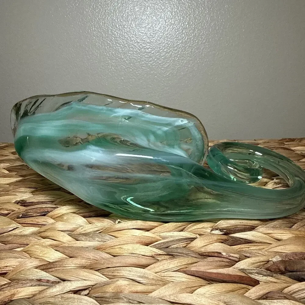 Vintage Aqua Art Glass Console Bowl Freeform Dish Vase Scroll Handle MCM 9.6”
